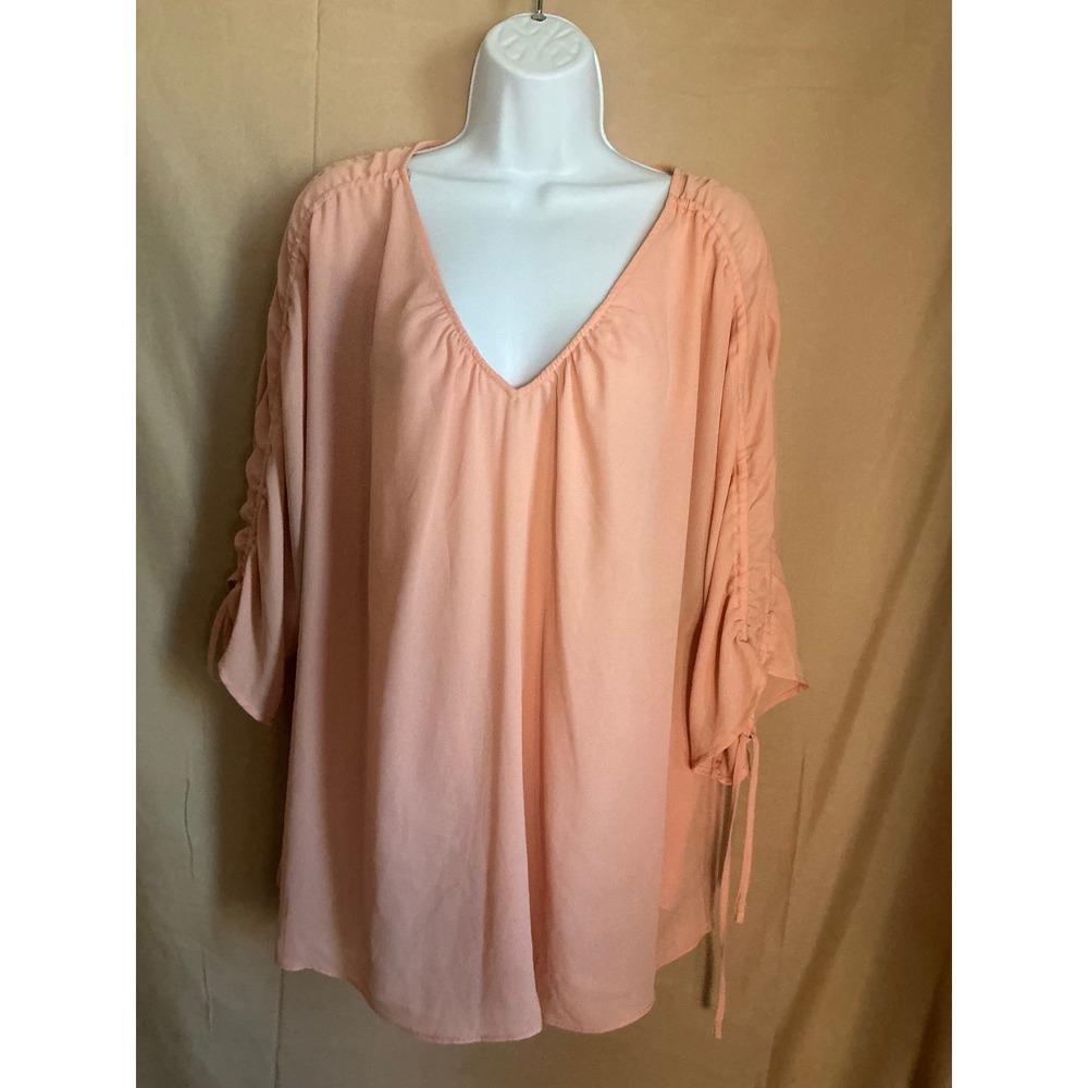 Worthington Blouse Woman 2X Peach Excellent Ruched Tie 3/4 Sleeve V-Neck Top